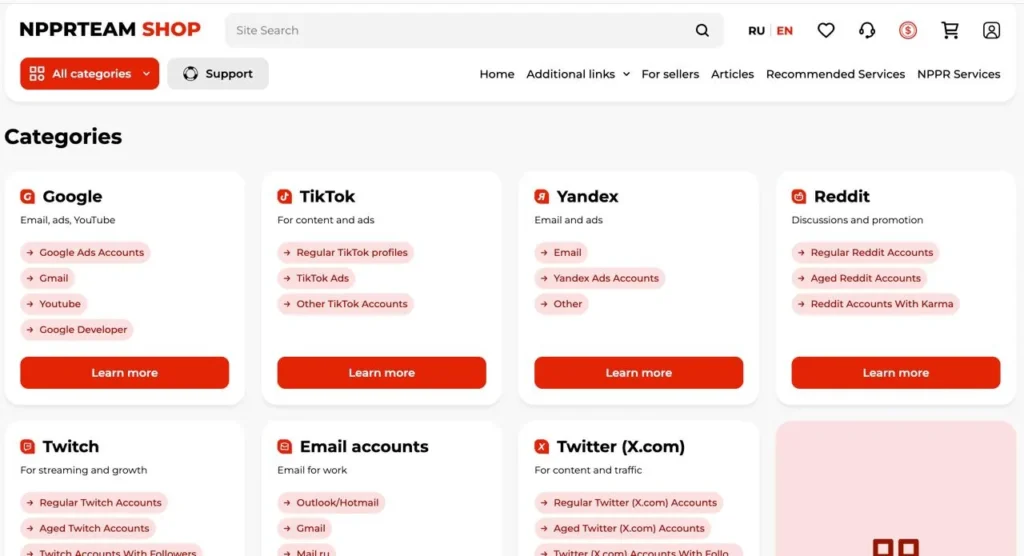 NPPRTEAM Shop marketplace categories featuring Google, TikTok, Reddit, Twitch, Twitter, and email account services