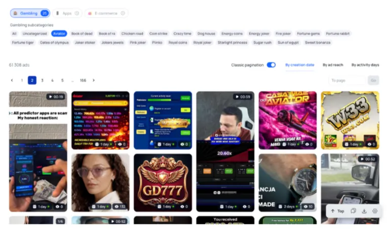 Examples of gambling ad creatives featuring Aviator offers, including story ads, gameplay videos, and a collection of active advertising materials.