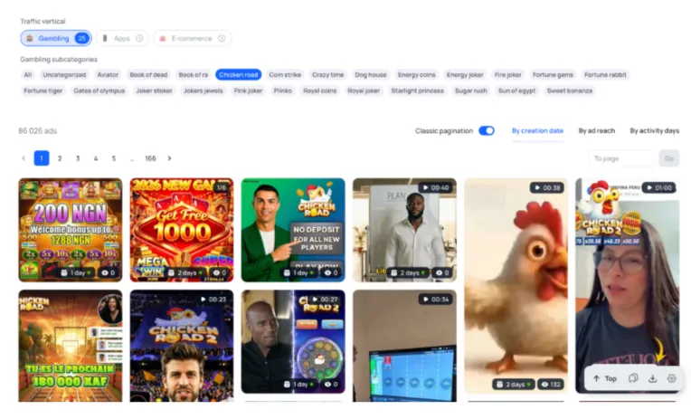 Examples of ad creatives featuring Chicken Road offers in the gambling vertical, including video ads, bonuses, and promotional gaming content.