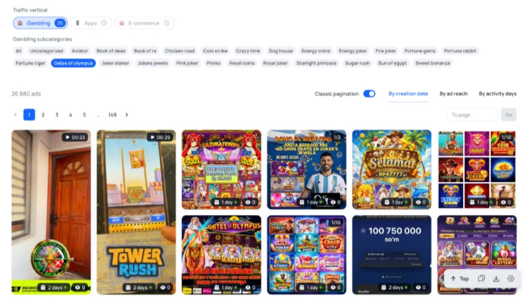 Examples of ad creatives featuring Gates of Olympus offers in the gambling vertical, including video ads and promotional content from the ad library.