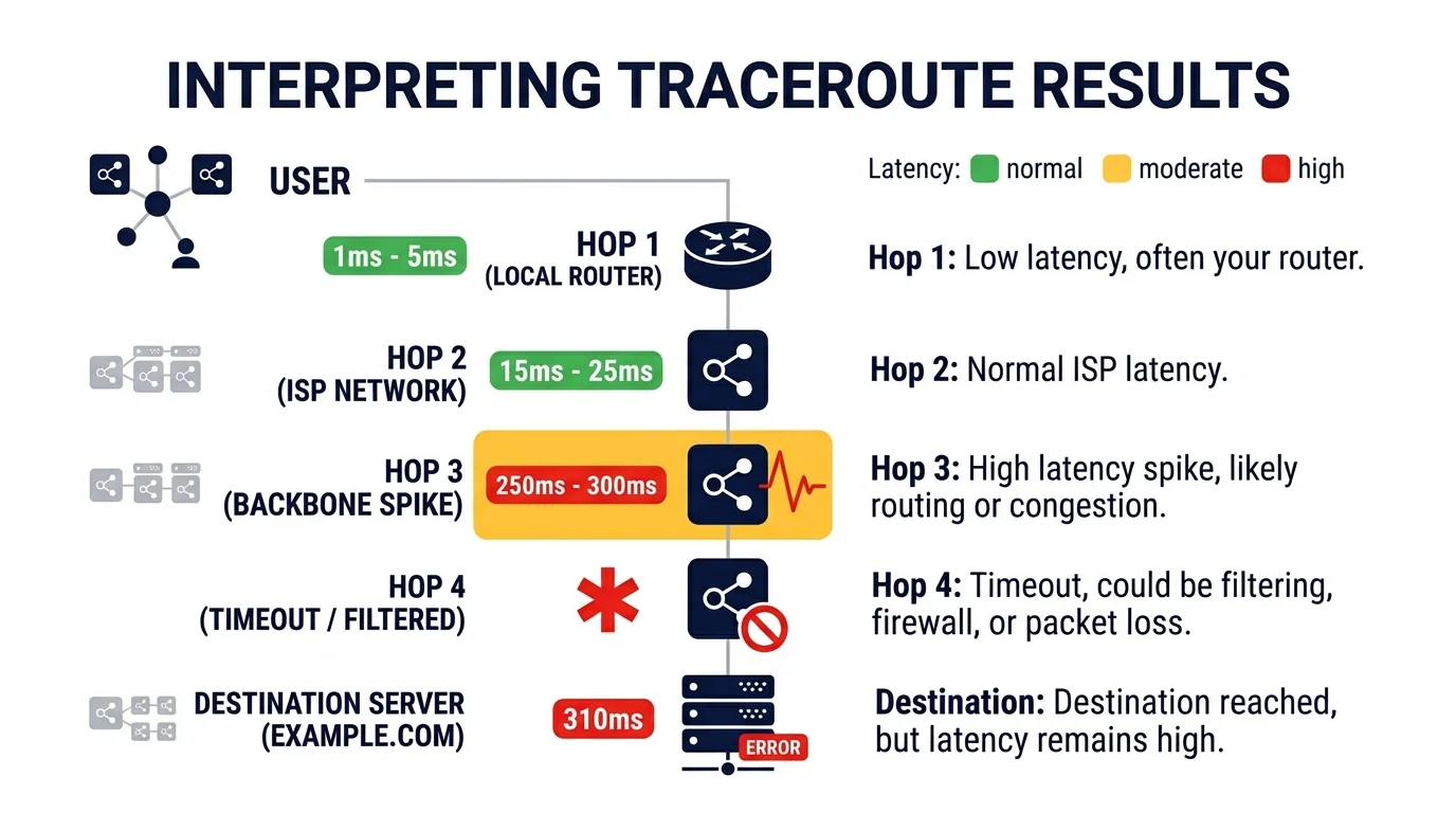Educational infographic titled "Interpreting Traceroute Results" by MangoProxy. It breaks down a network path into hops: Hop 1 (Local Router) with 1ms-5ms latency, Hop 2 (ISP Network) with 15ms-25ms, Hop 3 showing a Backbone Spike (250ms-300ms), and Hop 4 indicating a Timeout or Filtered node. A color-coded legend defines Latency: Green (normal), Yellow (moderate), and Red (high)