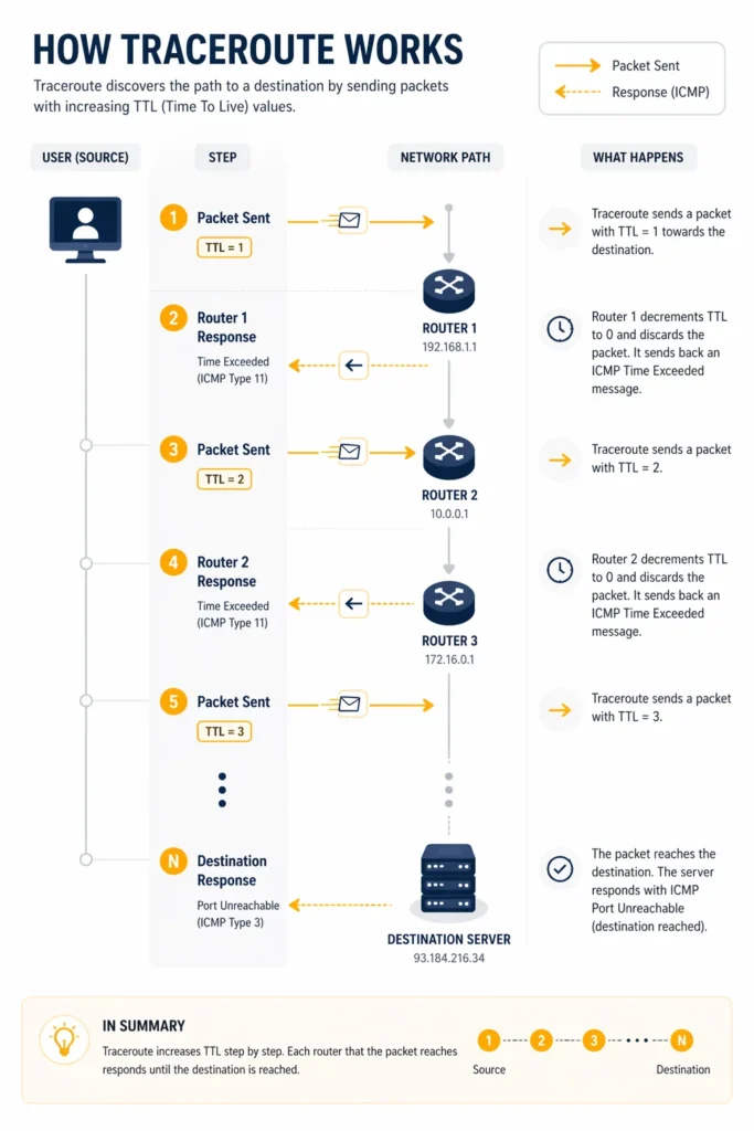 Detailed technical infographic titled "How Traceroute Works" by MangoProxy. Diagram illustrates the step-by-step process of path discovery using increasing TTL values (TTL=1, TTL=2, TTL=3) and ICMP Type 11 (Time Exceeded) and Type 3 (Port Unreachable) responses from intermediate routers and the destination server
