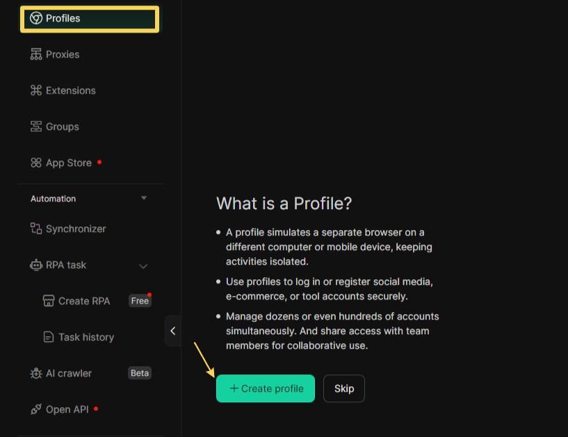 How to create a new profile in DICloak: Step 1 navigating to the Profiles menu