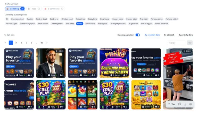 Examples of ad creatives featuring Plinko offers in the gambling vertical, including bonus campaigns, video ads, and promotional content.