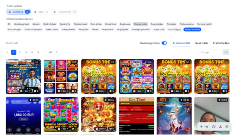 Examples of ad creatives featuring Sweet Bonanza offers in the gambling vertical, including bonus campaigns and promotional gaming ads.