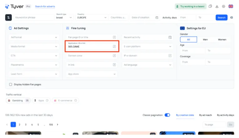 Tyver ad settings interface showing fine tuning options, including app selection, targeting filters, and ad search parameters for gambling campaigns.