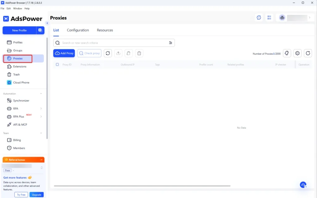 AdsPower Proxies section in the dashboard