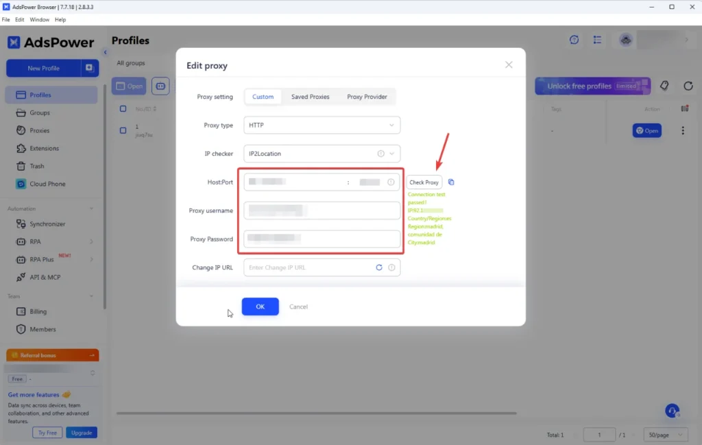 Add Proxy button in AdsPower