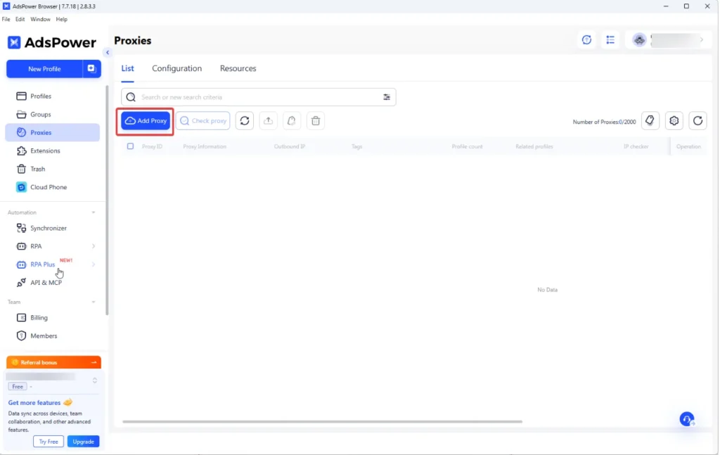 Proxy credentials form in AdsPower