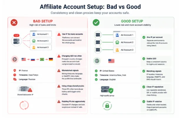 Comparison of bad vs good affiliate account setup using proxies and anti-detect infrastructure