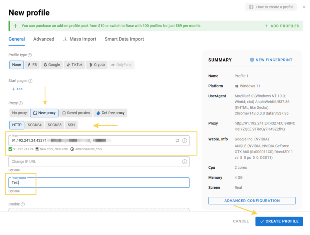 Connecting a proxy to a profile in Dolphin Anty