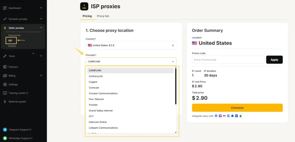 ISP provider selection in static proxies settings in MangoProxy