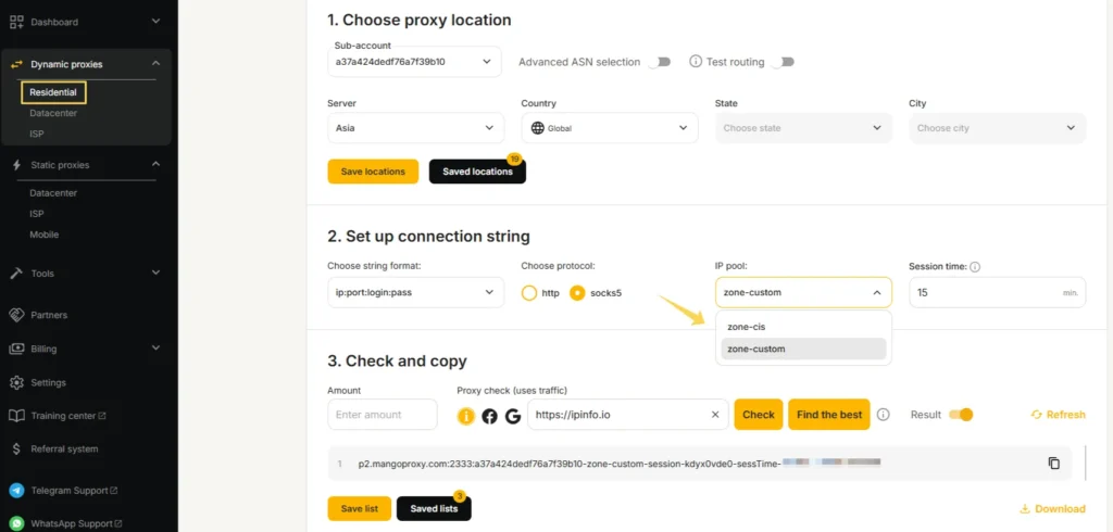 IP pool selection (zone-cis and zone-custom) in residential proxy settings in MangoProxy