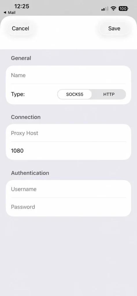 New proxy configuration form in the ExitAnty iOS app with fields for host, port, username, and password.
