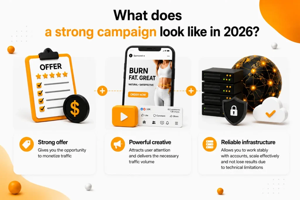Illustration showing the three key components of a successful affiliate marketing setup: offer, creative, and infrastructure.