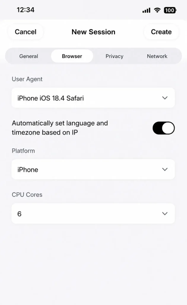 Browser settings tab in the ExitAnty iOS app with User-Agent, platform, language, and timezone configuration options.