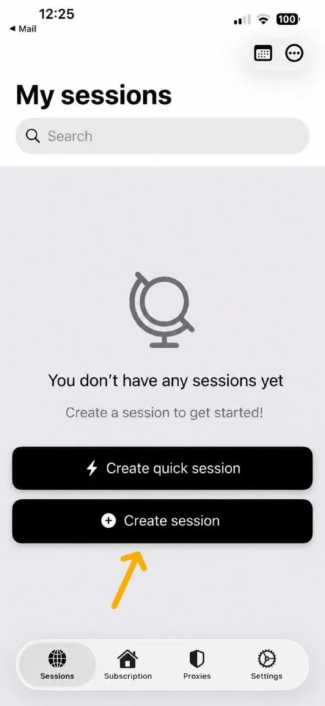 My Sessions screen in the ExitAnty iOS app with the option to create a new browser session.