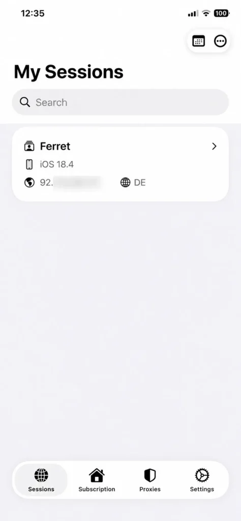 List of browser sessions in the ExitAnty iOS app showing a newly created profile with an assigned proxy.