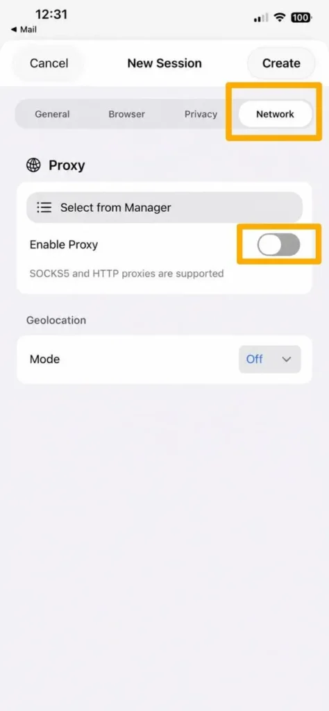 Network settings tab in the ExitAnty iOS app with the proxy toggle enabled.