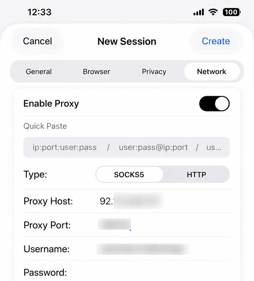 Proxy configuration screen in ExitAnty for iPhone showing SOCKS5 and HTTP settings with host, port, username, and password fields.