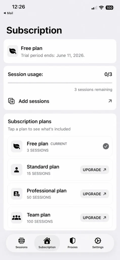 Subscription management screen in the ExitAnty iOS mobile app showing plan options and available browser sessions.