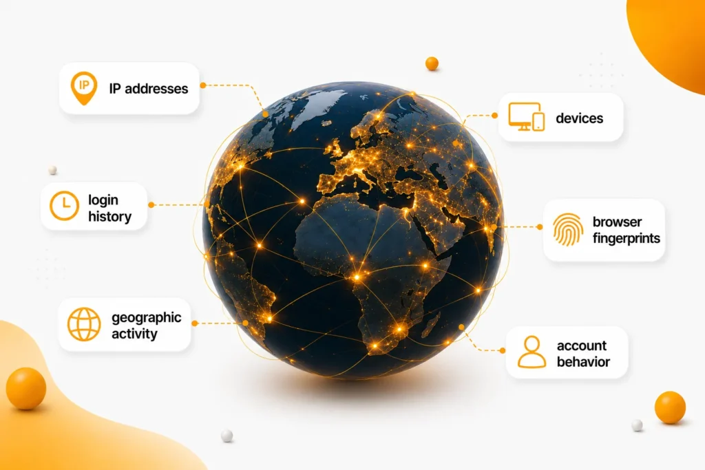Illustration showing account-linking signals such as IP addresses, devices, browser fingerprints, and activity history.