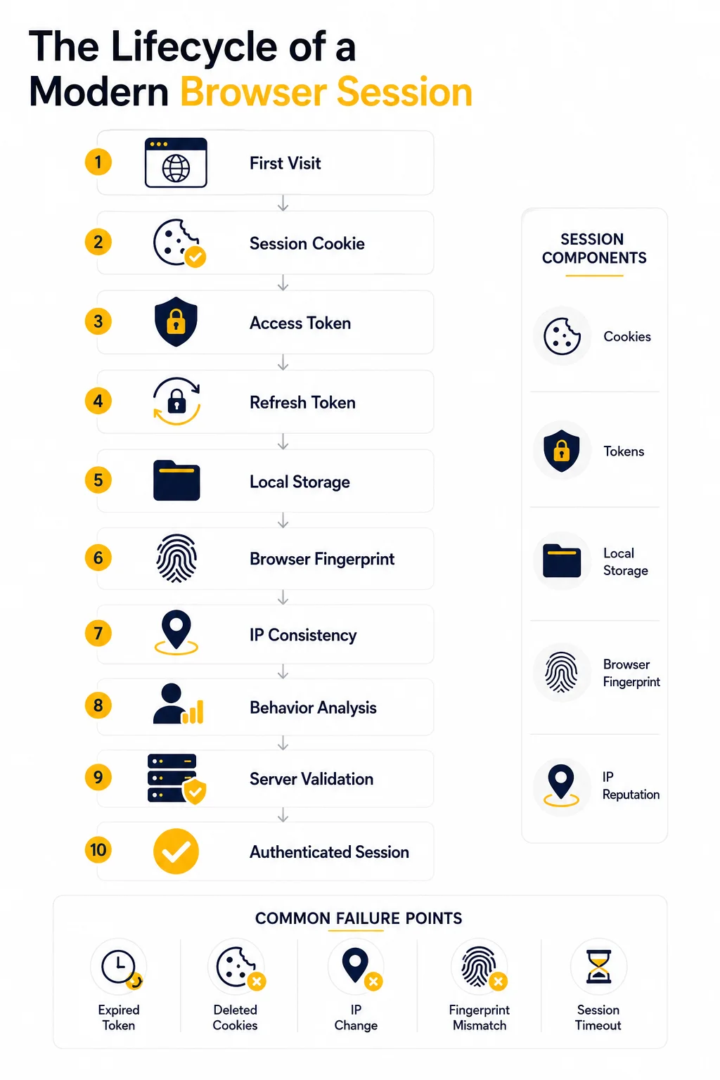 Infographic illustrating the lifecycle of a modern browser session, showing the authentication flow from first website visit through session cookies, access and refresh tokens, local storage, browser fingerprint, IP consistency, behavior analysis, server validation, and authenticated session, with common session failure points including expired tokens, deleted cookies, IP changes, fingerprint mismatches, and session timeouts.