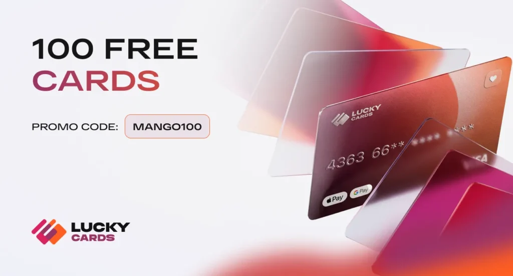 Lucky Cards promotional banner offering 100 free virtual cards with the MANGO100 promo code.