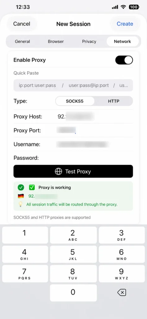 Successful HTTP or SOCKS5 proxy connection test in the ExitAnty iOS app.