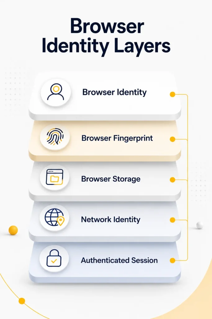 Layered diagram showing the components of browser identity, including browser fingerprint, browser storage, network identity, and authenticated session, illustrating that browser fingerprint is only one layer of a complete browser identity.