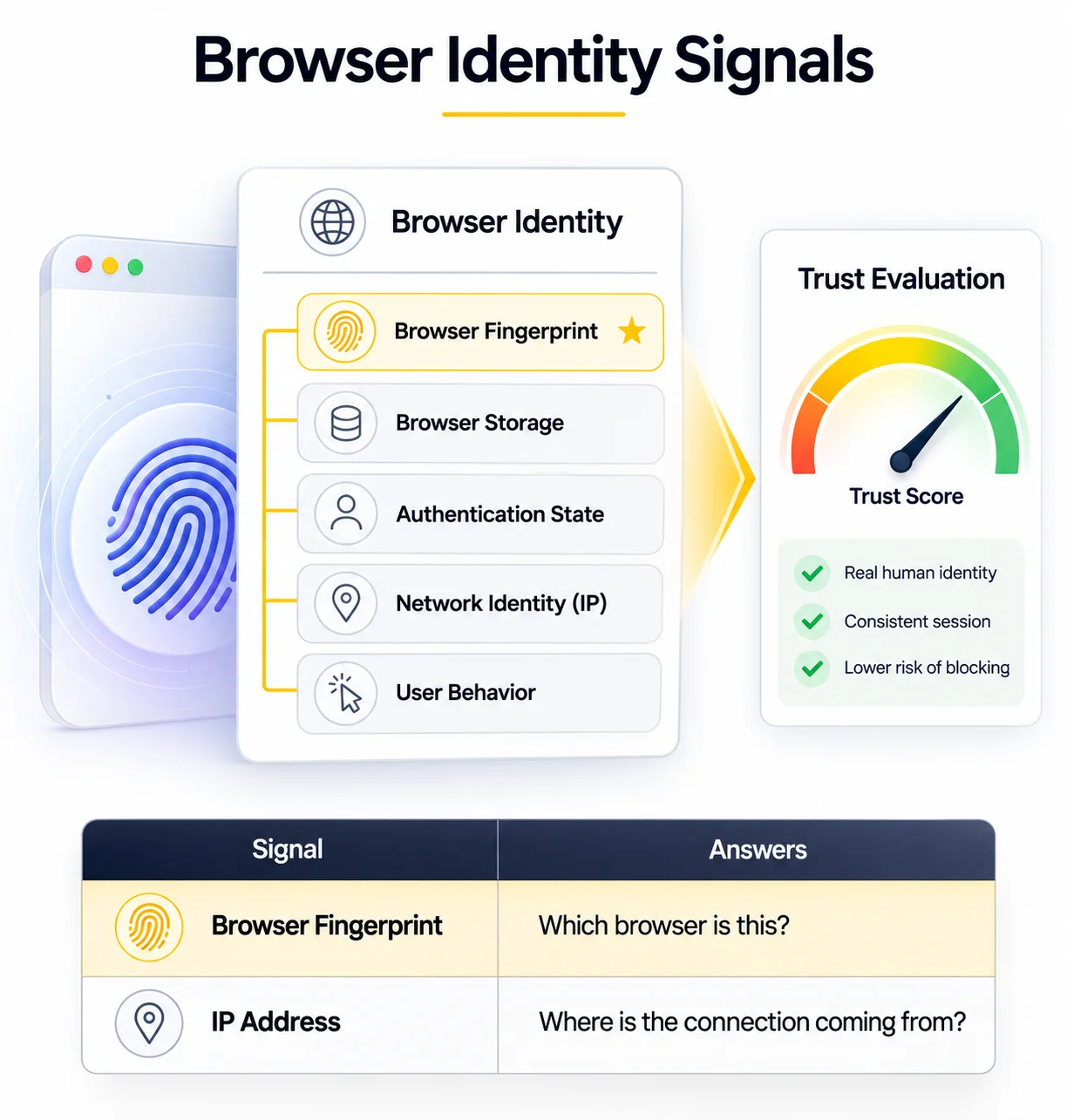 Documentation-style infographic illustrating browser identity signals and trust evaluation. The diagram highlights browser fingerprinting as the primary identity signal alongside browser storage, authentication state, network identity (IP), and user behavior, showing how these factors contribute to a website's trust score. A comparison table explains that browser fingerprints identify the browser itself, while IP addresses identify the connection source.