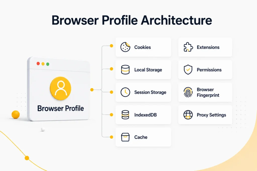 Diagram illustrating the architecture of a browser profile, showing that a profile contains cookies, local storage, session storage, IndexedDB, cache, extensions, permissions, browser fingerprint, and proxy settings, all isolated within a single browser environment.