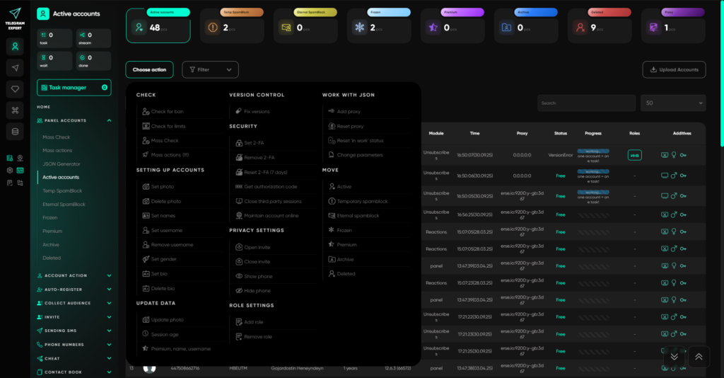 TelegramExpert Active Accounts dashboard for managing Telegram accounts.