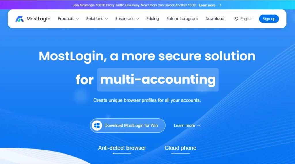 The MostLogin homepage featuring the antidetect browser for secure multi-account management.