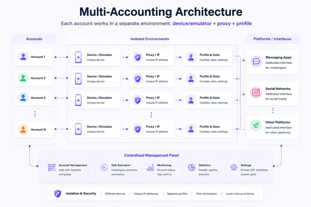 Diagram showing a multiaccounting setup where each account uses a separate device, proxy, and profile.