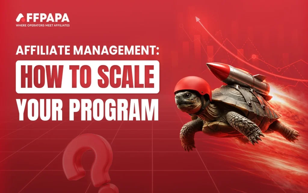 Illustration of affiliate program scaling featuring a rocket-powered turtle and growth chart, representing faster program growth and optimization.