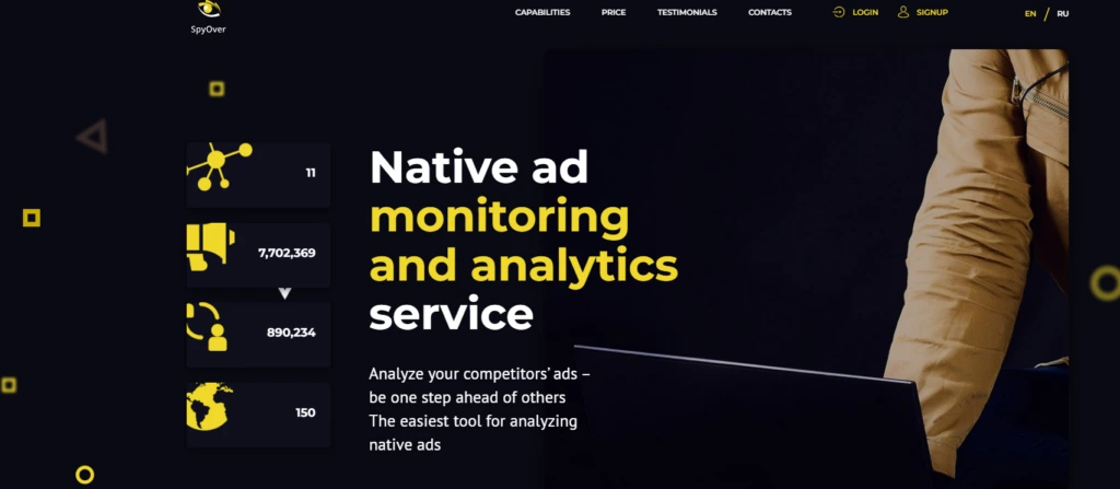 Homepage of the SpyOver service for native advertising monitoring and competitive ad analysis.