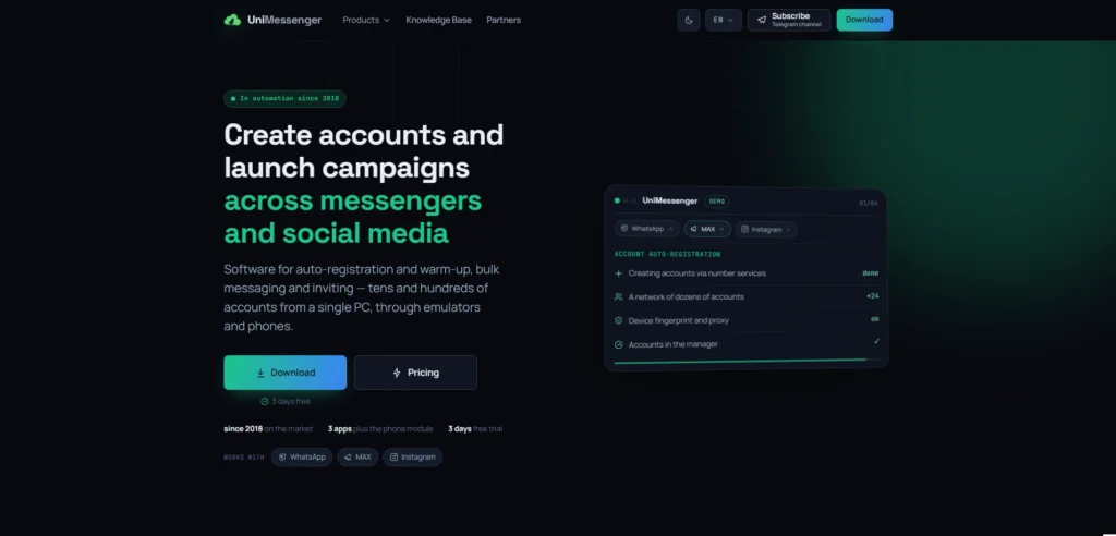 UniMessenger homepage for creating accounts and launching messaging campaigns across messengers and social networks.