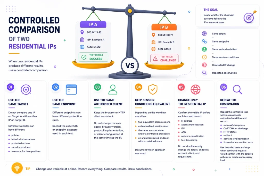Controlled comparison of two residential IPs using the same target, endpoint, client, and session conditions to isolate whether results follow the IP or network layer.