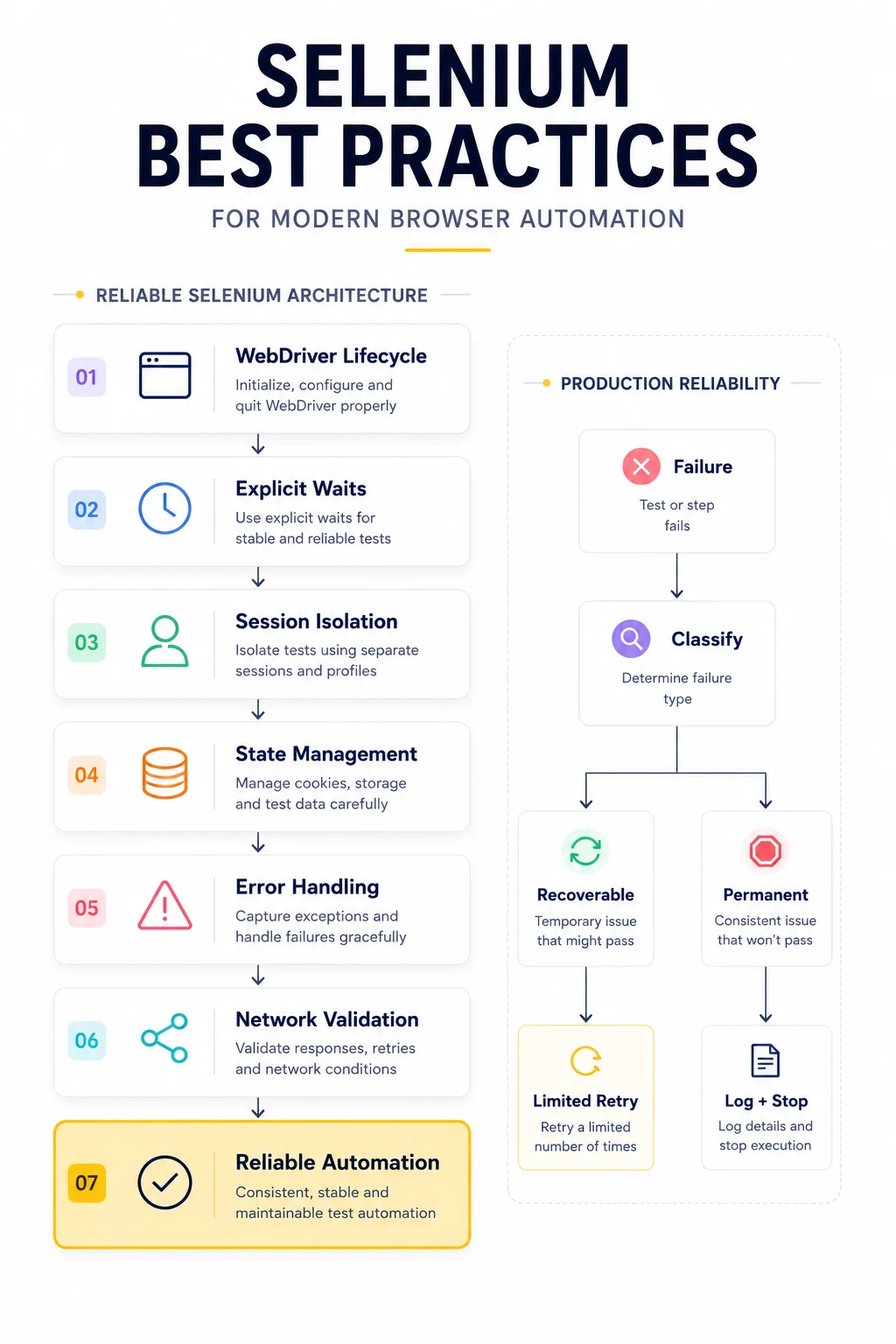 Infographic showing reliable Selenium architecture and production best practices, including WebDriver lifecycle, explicit waits, session isolation, state management, error handling, network validation, and failure classification with limited retries or logging and stopping.