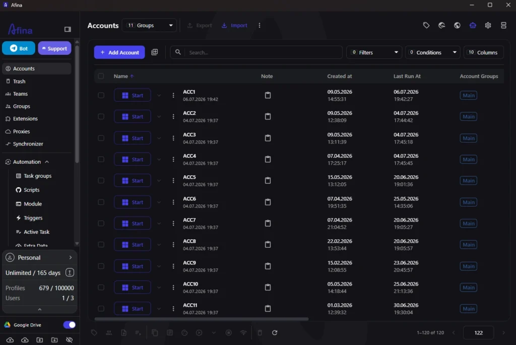 Browser accounts list in Afina