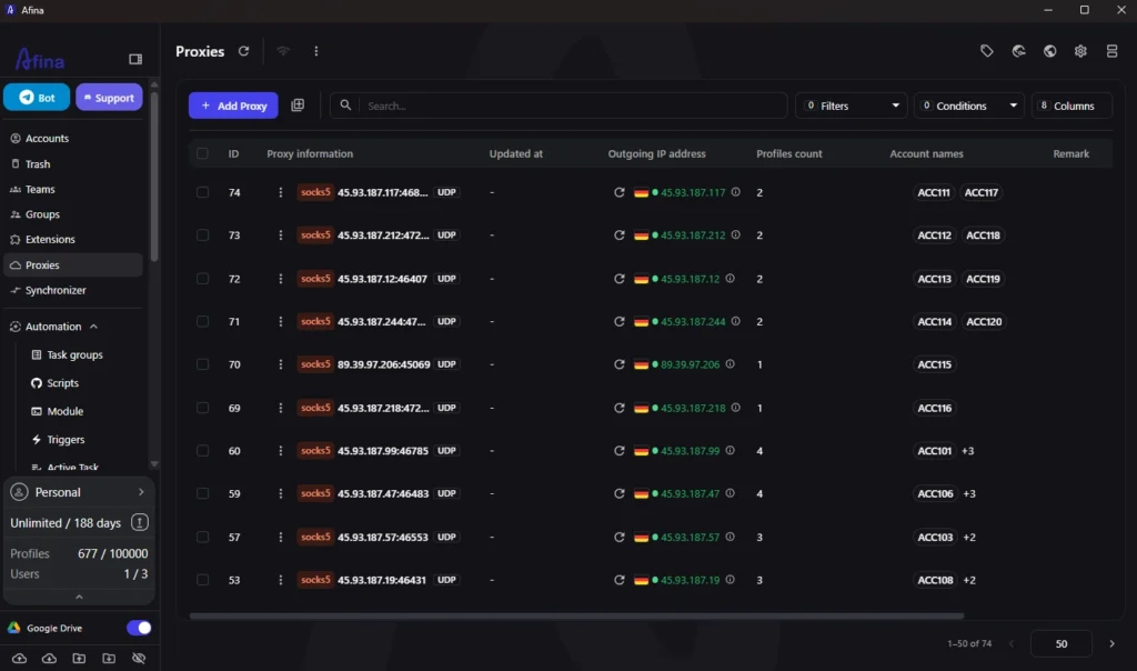 Afina Proxy Manager with imported SOCKS5 proxies