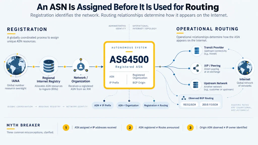 ASN registration and operational routing diagram showing how an ASN is assigned by a Regional Internet Registry before being used in BGP routing and peering relationships.