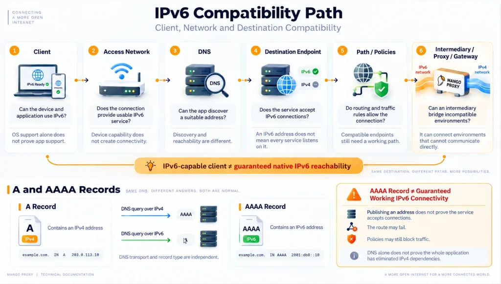 IPv6 compatibility path showing how client, network, DNS, destination, routing policies, and gateways determine IPv6 connectivity, with A and AAAA DNS records explained.