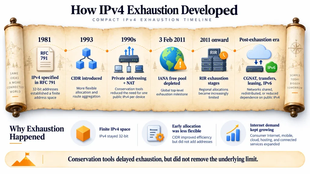 IPv4 exhaustion timeline showing the development from IPv4 standardization and CIDR to NAT, IANA free pool depletion, regional exhaustion, CGNAT, IPv4 transfers, leasing, and IPv6 adoption.
