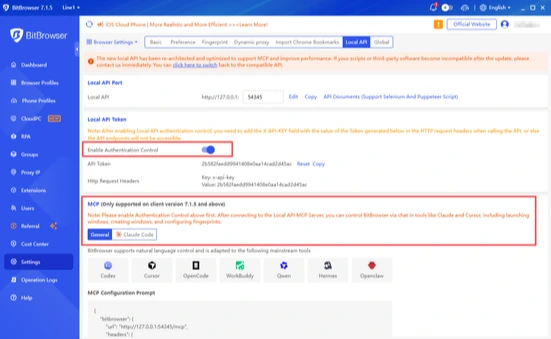 API authentication and token settings in BitBrowser