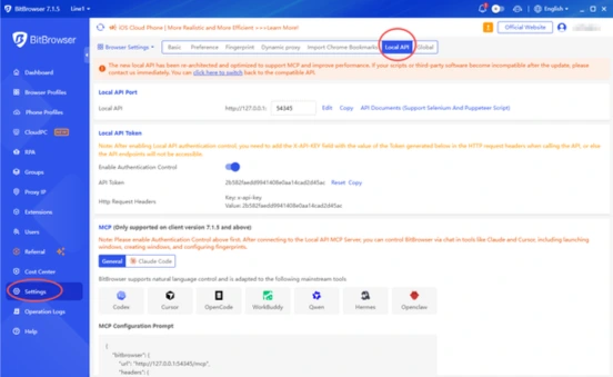 Local API settings in BitBrowser