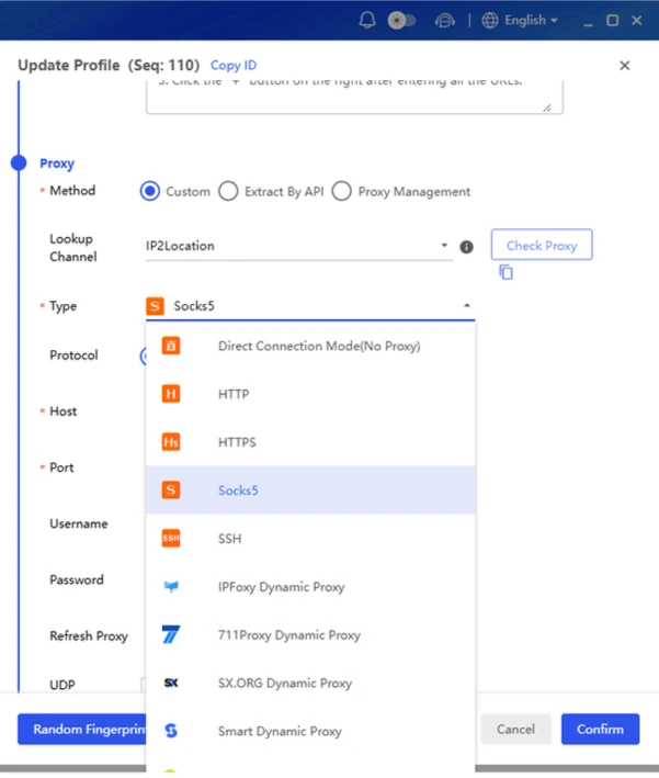 Selecting the SOCKS5 proxy protocol in a BitBrowser profile