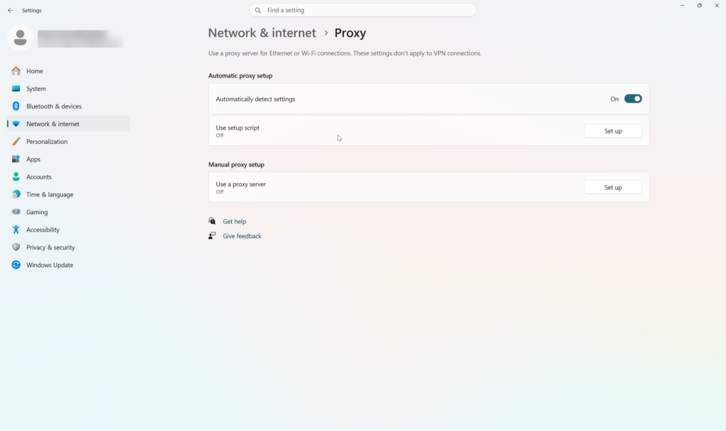 Windows 11 proxy settings page showing automatic and manual proxy configuration.