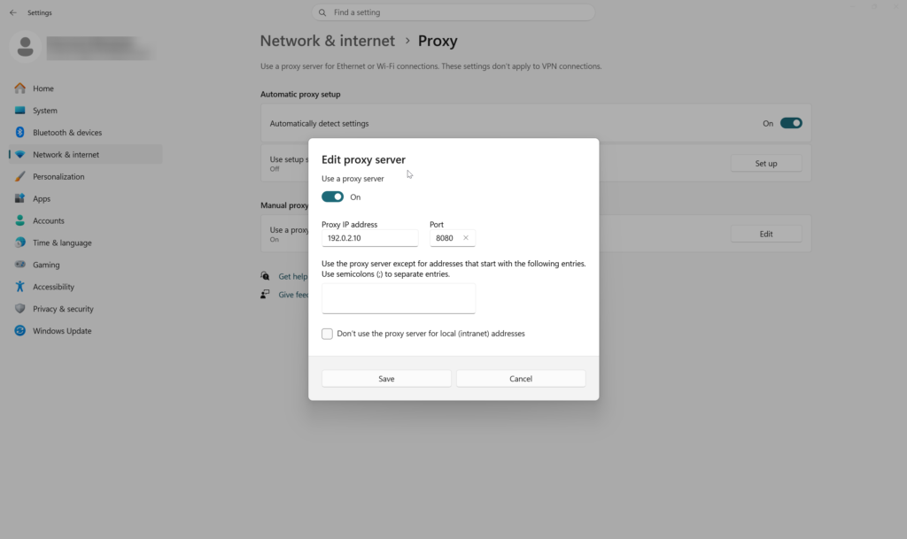 Windows 11 manual proxy setup window showing proxy address and port fields.